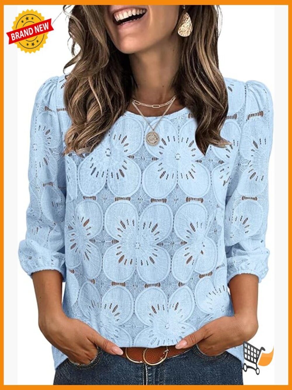 Lace Eyelet Peasant Blouse 3/4 Sleeve Lightweight Spring Summer Top